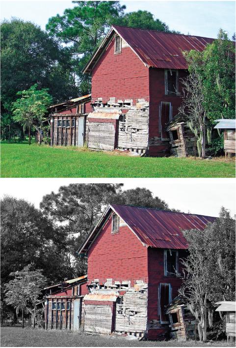 With Elements, you can easily remove the color from only part of an image.Top: Here, the photo is a regular color image.Bottom: In Elements, it's easy to remove the color from the rest of the photo, leaving only the barn in color. This section shows you three easy methods.