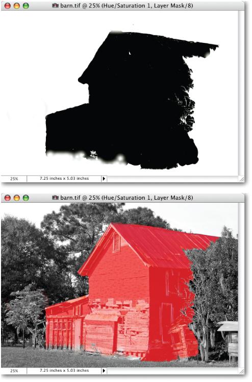 Elements not only lets you edit your layer mask, but gives you two different ways to see it.Top: To see the masked area in black, Alt+click (Option-click) the right thumbnail for the layer in the Layers palette.Bottom: To see the masked area in red, Alt+Shift+click (Option-Shift-click) the layer's thumbnail.