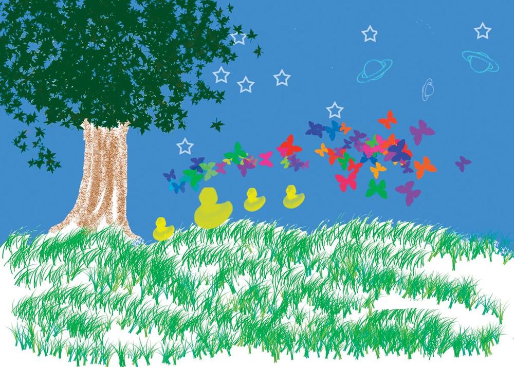You can digitally doodle using the Elements brushes even if you can't draw a straight line. Everything in this lovely drawing was done with brushes included with Elements. The leaves were painted with a brush that paints leaves, the yellow ducks come from a brush that paints rubber ducks, and so on.