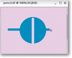 The slightly confusing Auto Erase option, used to create two lines: a horizontal one consisting of the foreground color (blue) and a vertical one consisting of the background color (pink).The horizontal line was drawn by starting with the cursor in the background (thus, the pencil erased the pink, leaving a blue line across the circle). On the other hand, the pink line was drawn by starting inside the blue circle, causing the background color to be exposed.
