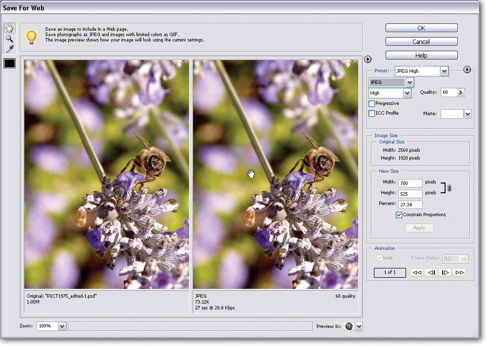 The Save for Web dialog box makes it easy to get the exact image size and quality you want. The left preview shows your original image (the size changes, if you resize, but the quality always reflects the image's original state). The right preview shows both changes to image size and quality.
