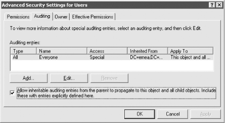 Advanced Settings window showing auditing entries
