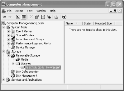 Using Windows XP Computer Management to view properties for the CD writer