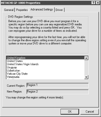 Using the Advanced Settings page of the Properties dialog to reset the DVD Region Code with Windows 2000 Professional