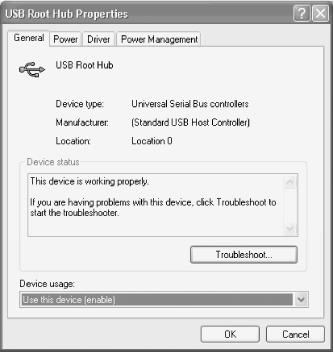 The Windows XP Root Hub Properties dialog displaying detailed root hub information