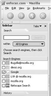 Mozilla sidebar search engine selection