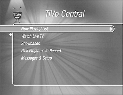 The italicized TiVo Central screen