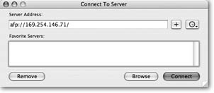 The Connect To Server dialog box lets you type in the IP address for the shared Mac to which you want access.