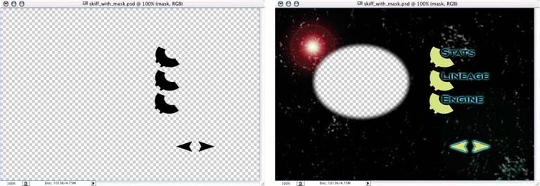 A 1-bit button mask (left), and the same mask laid over our menu image (right, with false coloring)