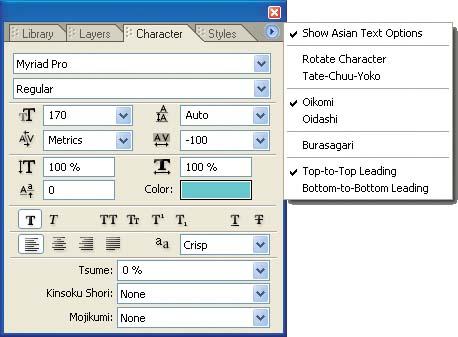 Use the Character palette to set text properties in menus.
