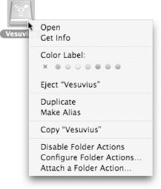 The context menu for a FireWire drive is revealed by Control-clicking on the drive’s Desktop icon
