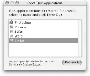 Select the Finder item in the list, and then click on the Relaunch button to restart the Finder