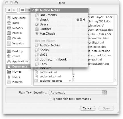 The pop-up menu above the Open dialog’s Column View lets you select a folder from which to open a file