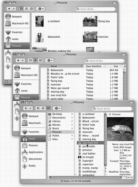 From top: The same window in icon view, list view, and column view. Very full folders are best navigated in list or column views, but you may prefer to view emptier folders in icon view, because larger icons are easier to click. Remember that in any view (icon, list, or column), you can highlight an icon by typing the first couple letters of its name. In icon or list view, you can also press Tab to highlight the next icon (in alphabetical order), or Shift-Tab to highlight the previous one.