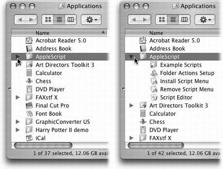 Click a “flippy triangle” (left) to see the list of the folders and files inside that folder (right). Or press the equivalent keystrokes: -right arrow (to open) and -left arrow (to close).