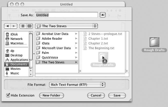 The quickest way to specify a folder location is to drag the icon of any folder or disk from your desktop directly into the Save or Open sheet. Mac OS X instantly displays the contents of that folder or disk. You’ll see by the Where pop-up menu that Mac OS X has indeed understood your intention.