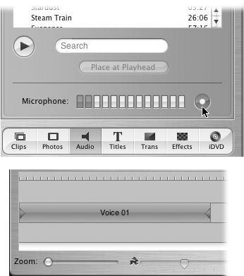 Top: To summon the Record Voice controls, click the Audio button. If your microphone is correctly hooked up, the Record Voice button (indicated here by the cursor) is available. (Otherwise, it’s dimmed.) Just beside the button is a live “VU” level meter. Test your setup by speaking into the microphone. If this meter twitches in response, you’re ready to record. Bottom: Your recording takes the form of a colored bar labeled Voice at the bottom of the screen. (Click the clock icon tab if you don’t see it.)
