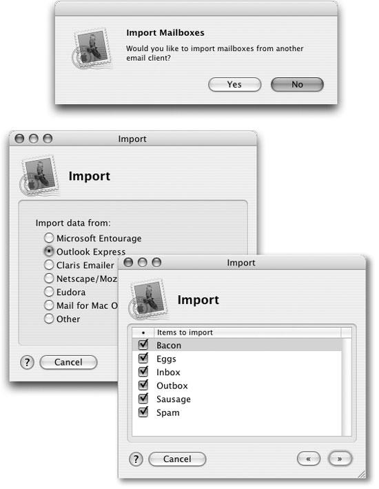 If you click Yes (top), Mail offers to import your old email collection from just about any other Mac email program (bottom left). You can even specify which email folders you want to import (bottom right). When the importing process is finished (it can take a very long time) you’ll find precisely the same folders already set up in Mail. (If you ever want to import mail from another program, choose File→ Import Mailboxes.)