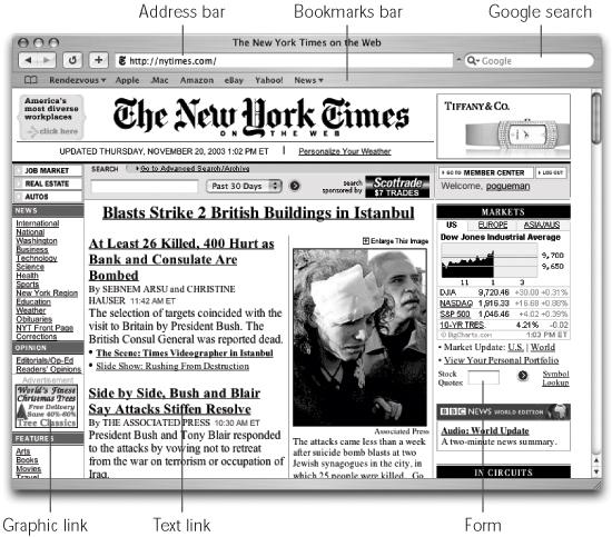 The Safari window offers tools and features that let you navigate the Web almost effortlessly; these various toolbars and buttons are described in this chapter. One difference that may throw you: When you’re loading a Web page, the progress bar appears as a colored stripe that gradually darkens the Address bar itself, rather than in a strip at the bottom of the window.