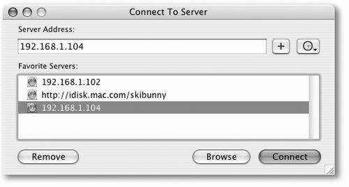 The Connect to Server dialog box lets you type in the IP address for the shared Mac to which you want access. (Ensuring that the shared Mac is turned on and connected to the Internet is the network administrator’s problem.)