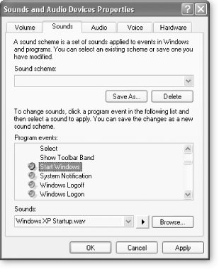 The Sounds and Audio Devices Properties dialog box doesn't limit you to changing the Start Windows sound. While only those events with a small speaker next to them already have associated sounds, you can make Windows XP play sounds for any event, and you can change the existing sounds. Highlight an event, then browse for and select a sound the same way you customized the Start Windows sound.