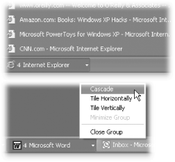 Top: When you have several open windows in an application, they group together in a single entry on the taskbar, which you can expand by clicking. Bottom: Save yourself time and keystrokes by managing open windows using this right-click menu.