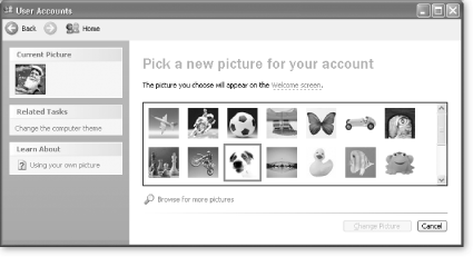 Windows XP has a set of pictures you can use for your user account. The currently active picture appears in the upper-left part of the screen.