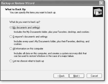 When you select "Let me choose what to back up" from this page, a new window appears letting you back up not just programs and data, but also what the backup wizard calls your PC's "System State," which includes Registry information, boot files (files needed to start your computer), and other vital data.