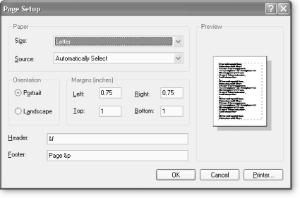 Like many fancy word processors, Notepad lets you insert headers and footers. You can't see the headers and footers onscreen, though; they show up only in the printed document. Here, the settings in the dialog will create a header containing the file name, and a footer containing the page number, preceded by the word "Page."