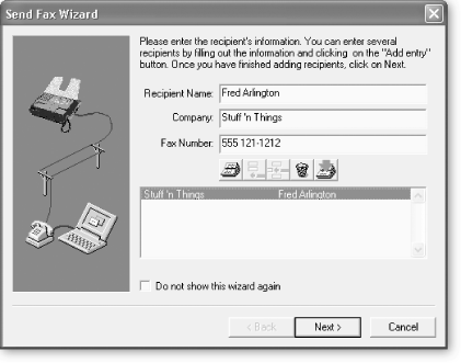 Once you've installed Windows XP's Fax utility, you can fax a document directly from your computer. Using the Fax Wizard shown here, you can either type the name and fax number of the recipient or grab it from your Windows Address Book. To use your address book, click on the small Rolodex-like icon and choose a recipient.