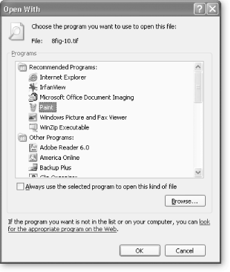 Use this dialog box to tell Windows XP to open graphics files with Paint, not the Windows Picture and Fax Viewer. That way, you can edit Paint files, rather than just view them.