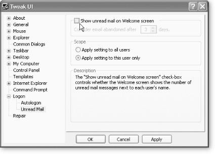TweakUI lets you stop XP from telling you on the Windows welcome screen how many unread email messages you have. The number is invariably inaccurate, so you might as well turn it off.