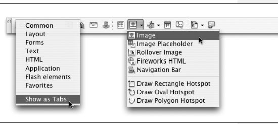 Toolbar buttons are grouped into eight categories (Common, Layout, and so on). When you select a category, the other buttons change. If you prefer the original Dreamweaver MX tabbed style, select Show as Tabs.