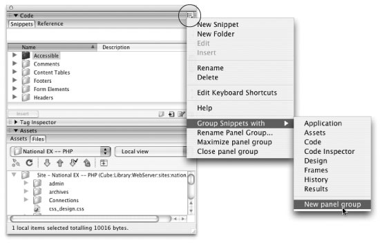 To open a panel, click the arrow next to the panel group name (Code or Files, for example). Clicking a tab brings the corresponding panel forward. Each panel group has its own Context menu button (circled). Clicking the button reveals a contextual menu that lets you work with features specific to that panel. This menu also offers generic panel actions such as moving a panel to another group, creating a new panel group, renaming a group, or completely hiding a group of panels.