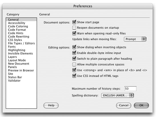 Dreamweaver’s Preferences dialog box is a smorgasbord of choices that let you customize the program to work and look the way you want. In this step, you’ll make sure Dreamweaver uses Cascading Styles Sheet code for formatting your page by checking the Use CSS Instead of HTML Tags checkbox.