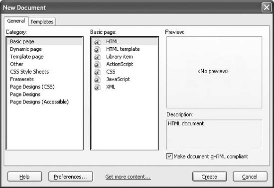 The New Document dialog box appears whenever you choose File→New or press Ctrl+N (-N). It lets you create a whole range of different types of documents including basic Web pages, dynamic pages (see Part VI), style sheets (Chapter 6), and Templates (Chapter 18), to name a few. Furthermore, the categories labeled CSS Style Sheets, Framesets, Page Designs, and Page Design (accessible) include a bunch of ready-made Web page designs.