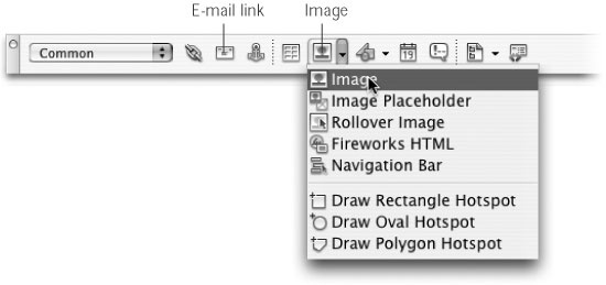 The buttons on Dreamweaver MX 2004’s Insert bar are doing double-duty as menus. Once you select an option from the menu (in this case the Image object), it becomes the button’s current setting. If you want to insert the same object again (in this case an image), you don’t need to use the menu—just click the button.