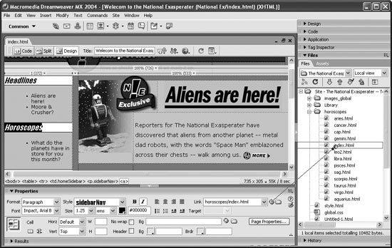 In this figure, the text “Horoscopes” is selected in the document window (left). To link to another page, drag from the Point-to-File icon in the Property inspector to a Web page in the Files panel (right). In this example, Dreamweaver creates a link to the Web page called index.html inside the horoscopes folder. You could also Shift-drag from the text “Horoscopes” to the page mowers.html in the Files window.