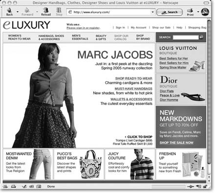 eLUXURY.com, owned by LVMH (Louis Vuitton, Moet, Hennessey), is an authorized online retailer of many designer brands. It's a good place to inspect the details of high-end retail merchandise, so you can compare those details with pictures of items up for bid on eBay. When you're looking at a particular item, use eLUXURY's alternate views and zoom feature to scrutinize the real thing.