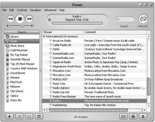 The Radio list displays the categories and subcategories that can take you around the world in 80 stations with iTunes. Click the Refresh button to update the station list.