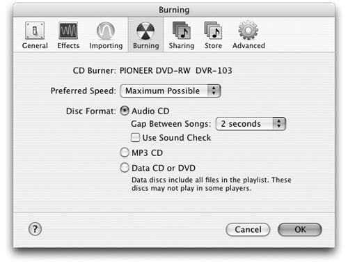 Choose iTunes→Preferences (Mac) or Edit→Preferences (Windows), and then click Burning. Here, you select the recorder you wish to use, as well as what kind of CD to make: a standard disc that will play in just about any CD player, an MP3 CD that will play in the computer’s CD drive (and some newer home decks), or a backup just for safekeeping.