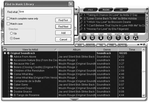 The Find function in MusicMatch Jukebox makes it easy to find love, or rather, songs with the word “love” in their titles within your music library. This sort of thing could be useful for creating themed playlists, like a mix for that Valentine’s Day special someone made from songs that all have the word “love” in the title.