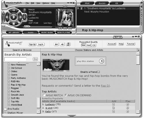 MusicMatch MX can bring streams of music flowing from the Internet into your computer. While you listen to the radio over the Internet, you can browse the MusicMatch site for tracks by other artists with a similar sound.