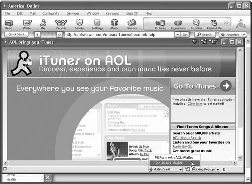 The iTunes on AOL area of America Online has a music search engine that can take you right to any hits for sale in the iTunes Music Store. AOL members can use the AOL Wallet service to pay for iTunes Music Store binges (it’s at Keyword: Wallet and also accessible from a pop-up menu in AOL 9.0).