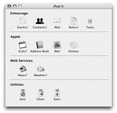 The iPod It program gives you, the Entourage aficionado, a quick way to get your Entourage contacts and calendars moved over to the iPod. The program can also add to the iPod news, weather reports, and even driving directions with just a click of the Sync button.