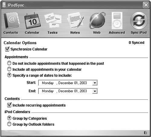 Just as it can shuttle your Outlook contacts over to the iPod, iPodSync can likewise get those important appointments and other information out of your PC and onto your iPod with just a few clicks—and with no nasty format messes to clean up afterward.