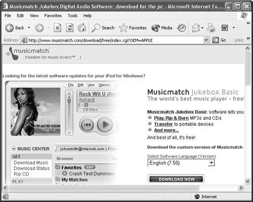 You can download the iPod-approved version of the program from the MusicMatch Web site. You can make other versions of MusicMatch Jukebox Plus work with the iPod if you install the proper plug-in software, but check the support area of the site to see which versions are compatible with the iPod and its plug-in.