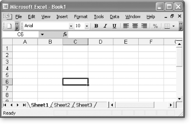 Here, the current cell is C6. You can recognize the current (or active) cell based on its heavy black border. You’ll also notice that the corresponding column letter (C) and row number (6) are highlighted at the edges of the worksheet. Just above the worksheet, on the left side of the window, the formula bar tells you the active cell address.
