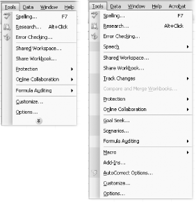 Left: Personalized menus attempt to make life easier by hiding the options that Excel guesses you don’t care about. This innovation is often more trouble than it’s worth, however, because it’s hard to remember how a menu is organized when it’s constantly changing. Right: This version lists all available options.