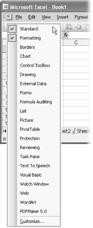 Excel provides a wealth of toolbars. In this picture, only two toolbars are currently displayed: the all-important Standard and Formatting toolbars. To show other toolbars, just choose View → Toolbars and select them by clicking on their name in the menu. Or, just right-click anywhere on one of the currently displayed toolbars, as shown here.